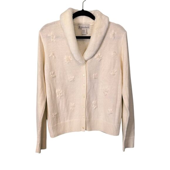 Dressbarn Floral Embroidered Button Faux Fur Collar Cardigan Sweater Cream Large - Picture 1 of 8